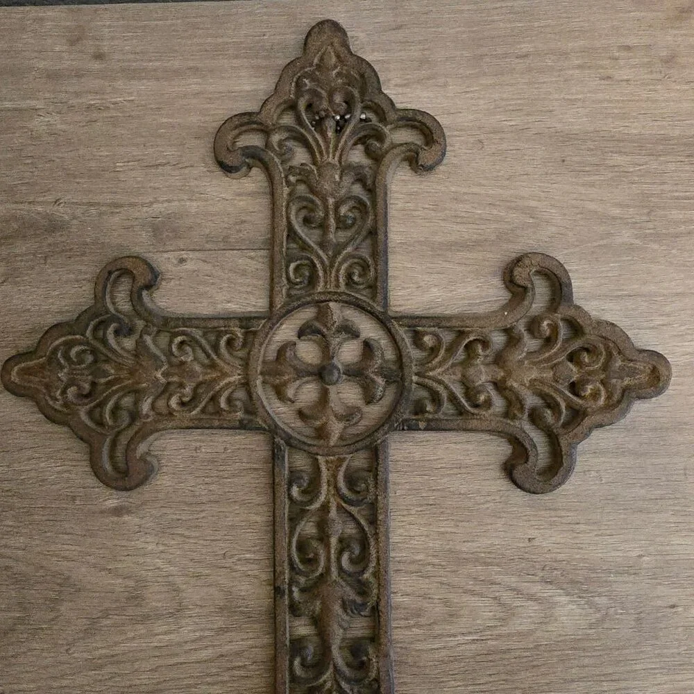 Cast Iron Hanging Cross Scrollwork Rustic Brown Finish Religious Heavy - Picture 9 of 10
